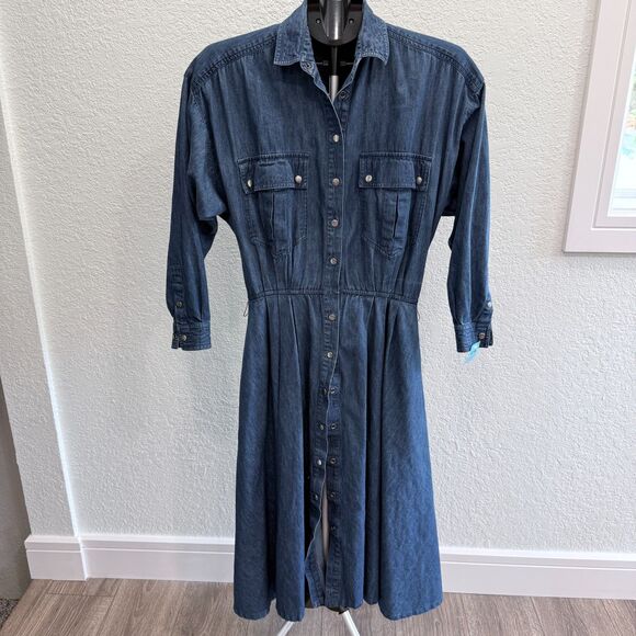 Liz Claiborne Dresses & Skirts - Vintage Liz Claiborne Western Denim Long Sleeve Rodeo Cowgirl Dress Snap 8